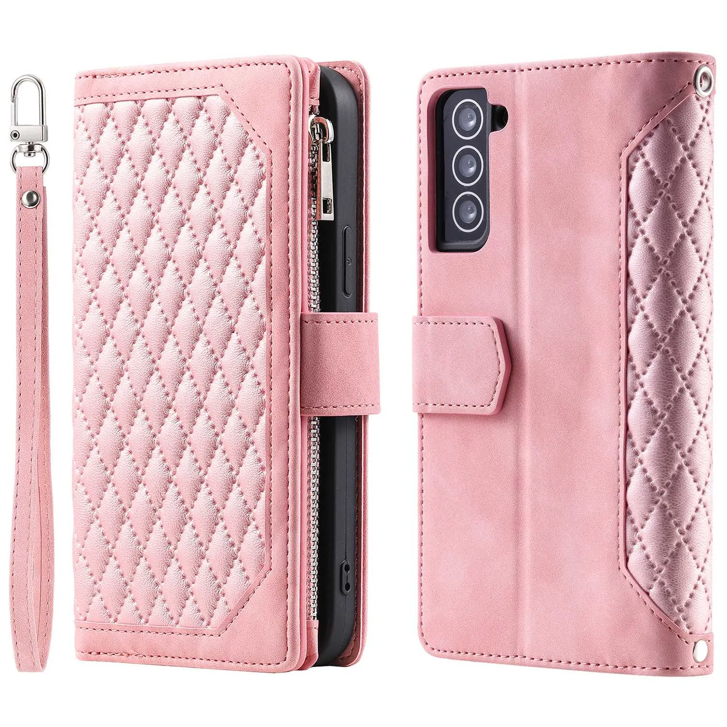 005 Style for Samsung Galaxy S21 4G / 5G Zipper Pocket Rhombus Texture Wallet Case PU Leather Stand Phone Cover with Wrist Strap