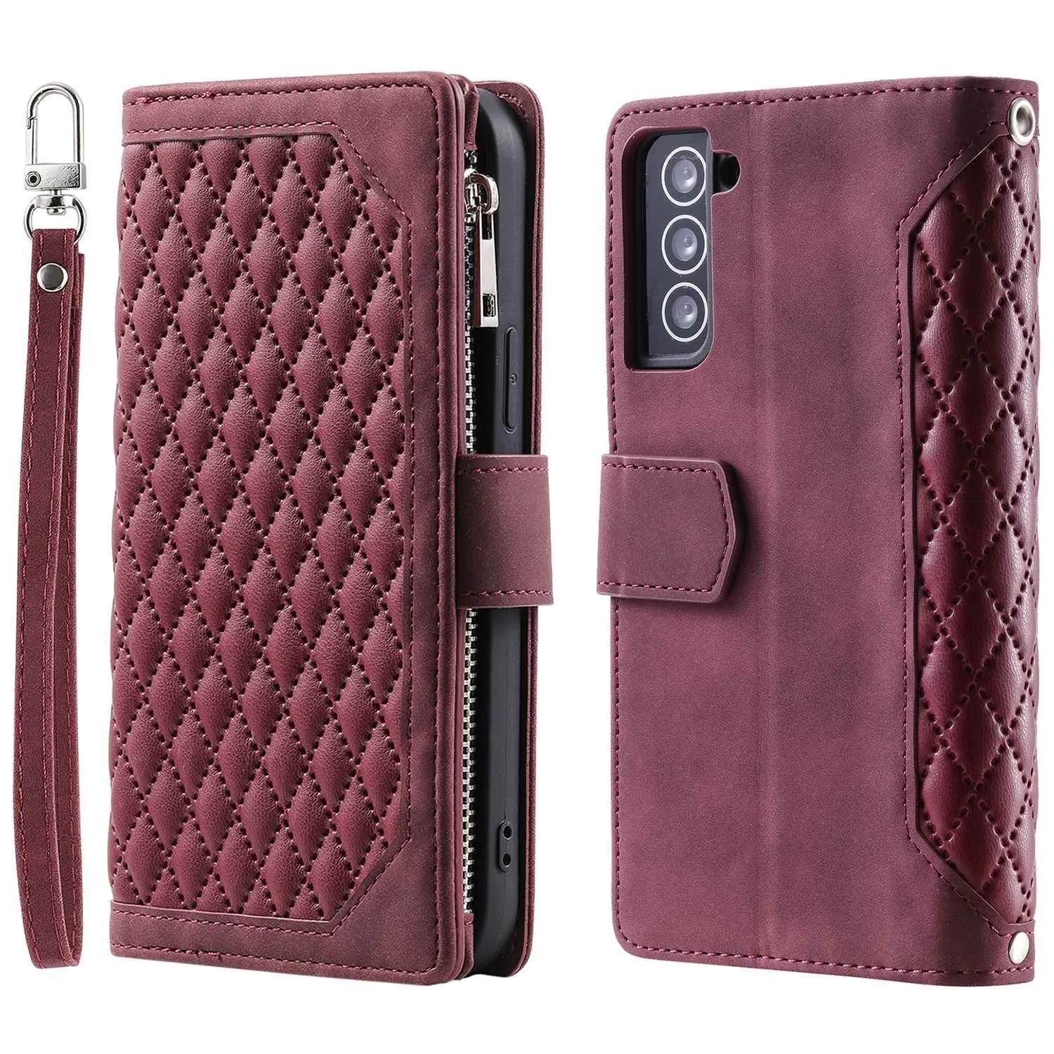 005 Style for Samsung Galaxy S21 4G / 5G Zipper Pocket Rhombus Texture Wallet Case PU Leather Stand Phone Cover with Wrist Strap