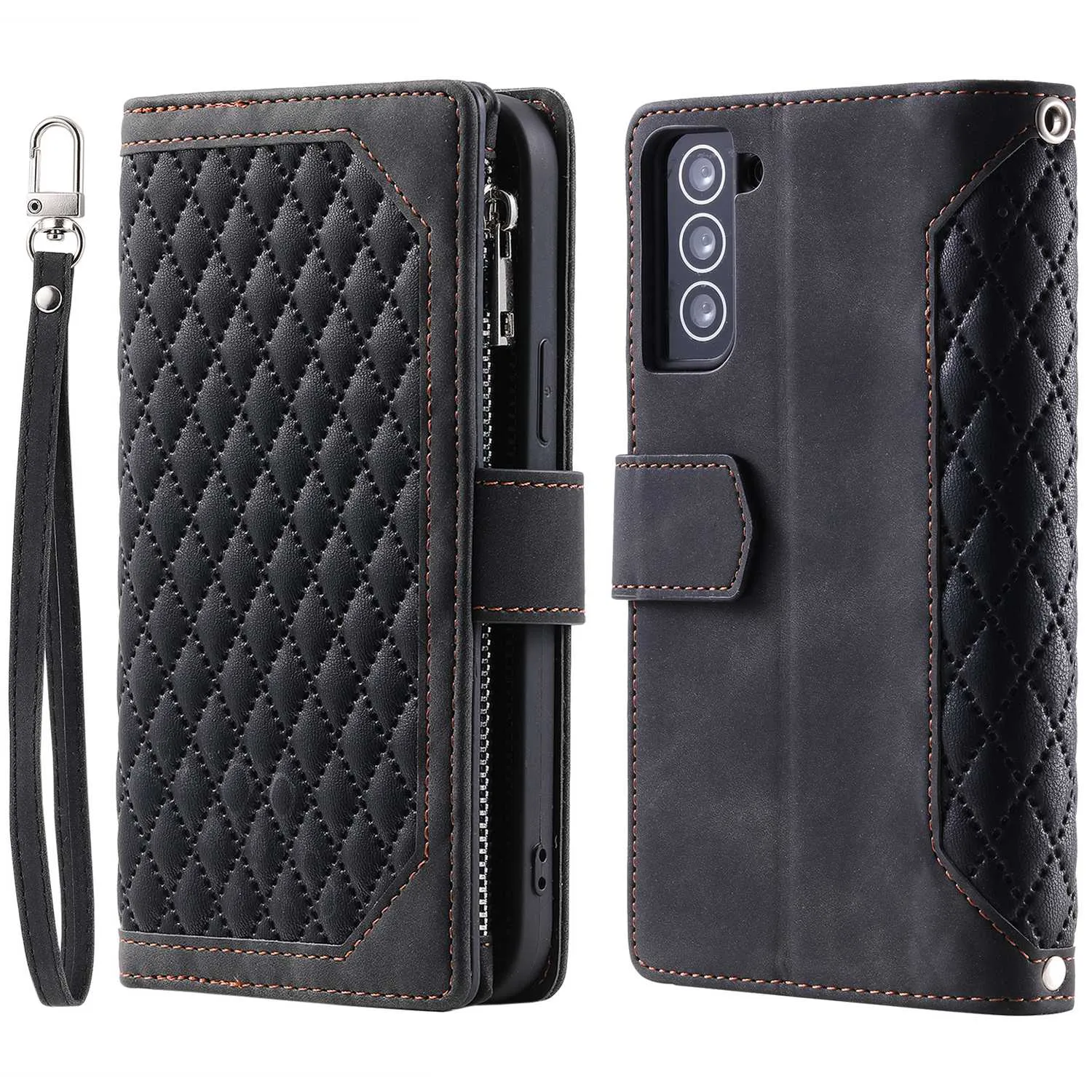 005 Style for Samsung Galaxy S21 4G / 5G Zipper Pocket Rhombus Texture Wallet Case PU Leather Stand Phone Cover with Wrist Strap