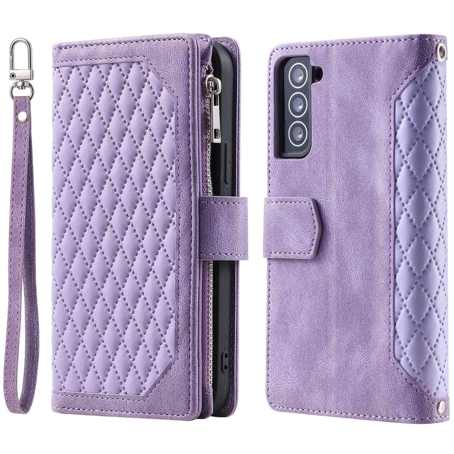 005 Style for Samsung Galaxy S21 4G / 5G Zipper Pocket Rhombus Texture Wallet Case PU Leather Stand Phone Cover with Wrist Strap