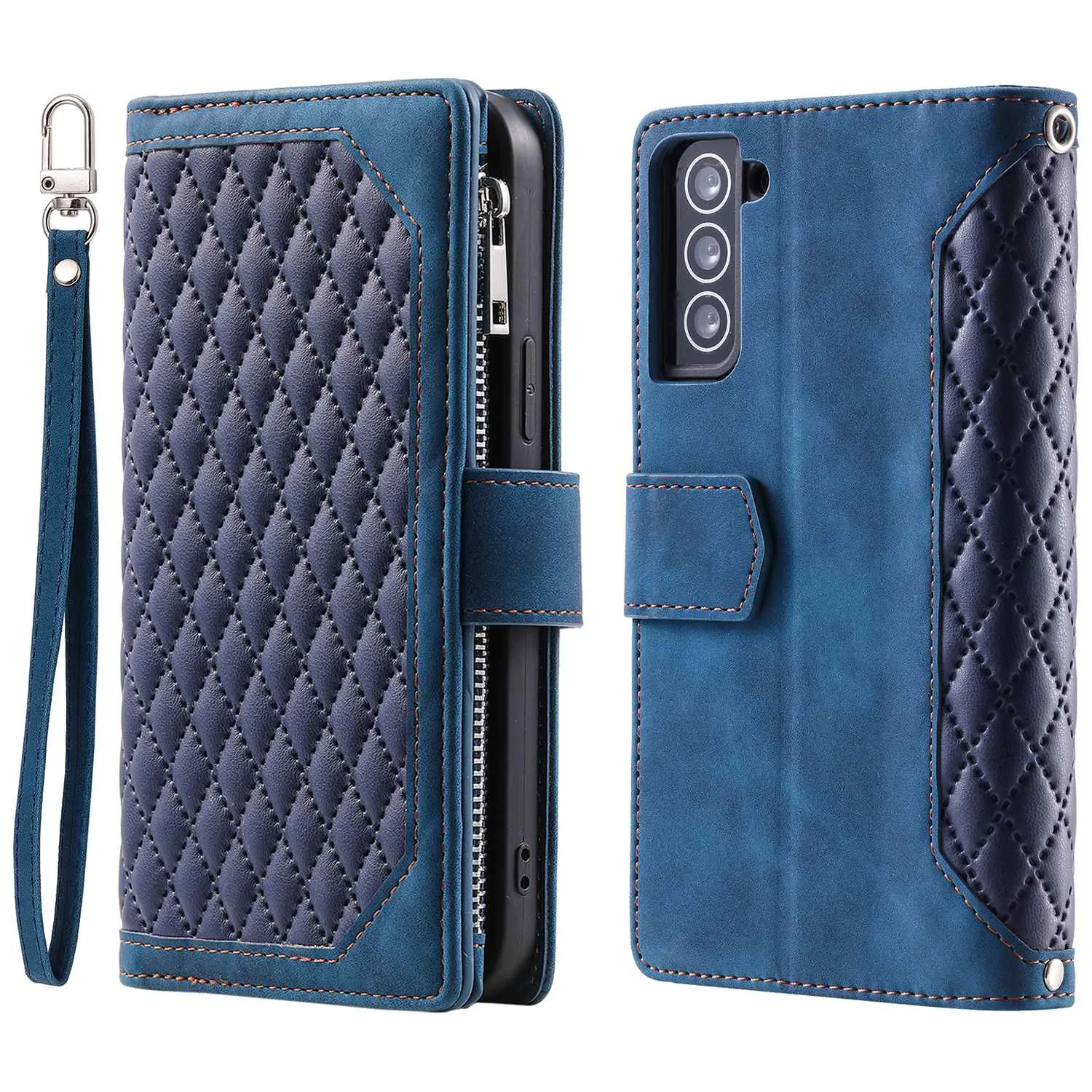 005 Style for Samsung Galaxy S21  5G Zipper Pocket Rhombus Texture PU Leather Case Phone Stand Wallet Cover with Wrist Strap