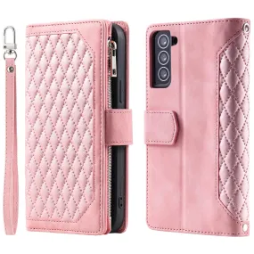 005 Style for Samsung Galaxy S21  5G Zipper Pocket Rhombus Texture PU Leather Case Phone Stand Wallet Cover with Wrist Strap