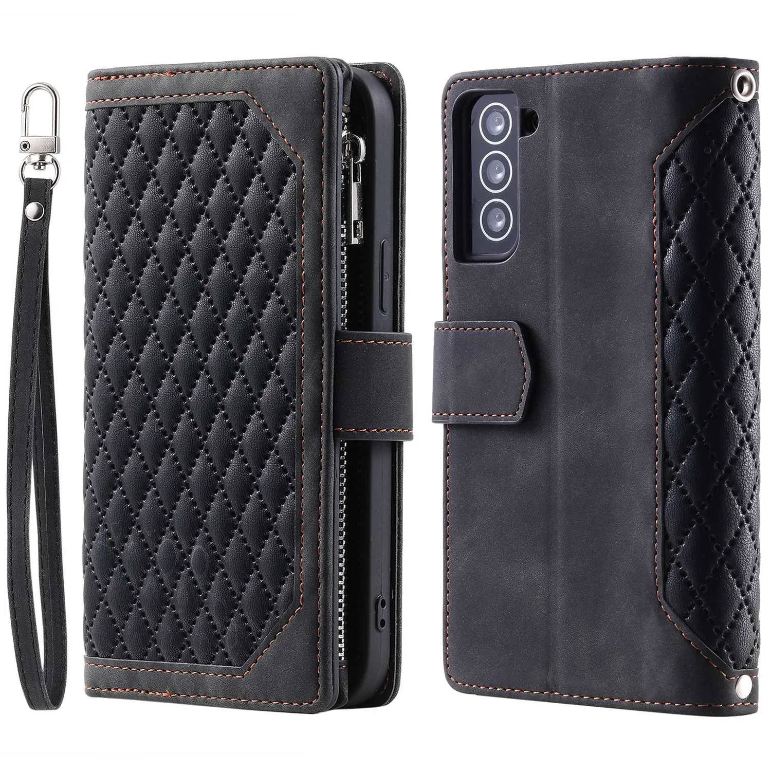 005 Style for Samsung Galaxy S21  5G Zipper Pocket Rhombus Texture PU Leather Case Phone Stand Wallet Cover with Wrist Strap