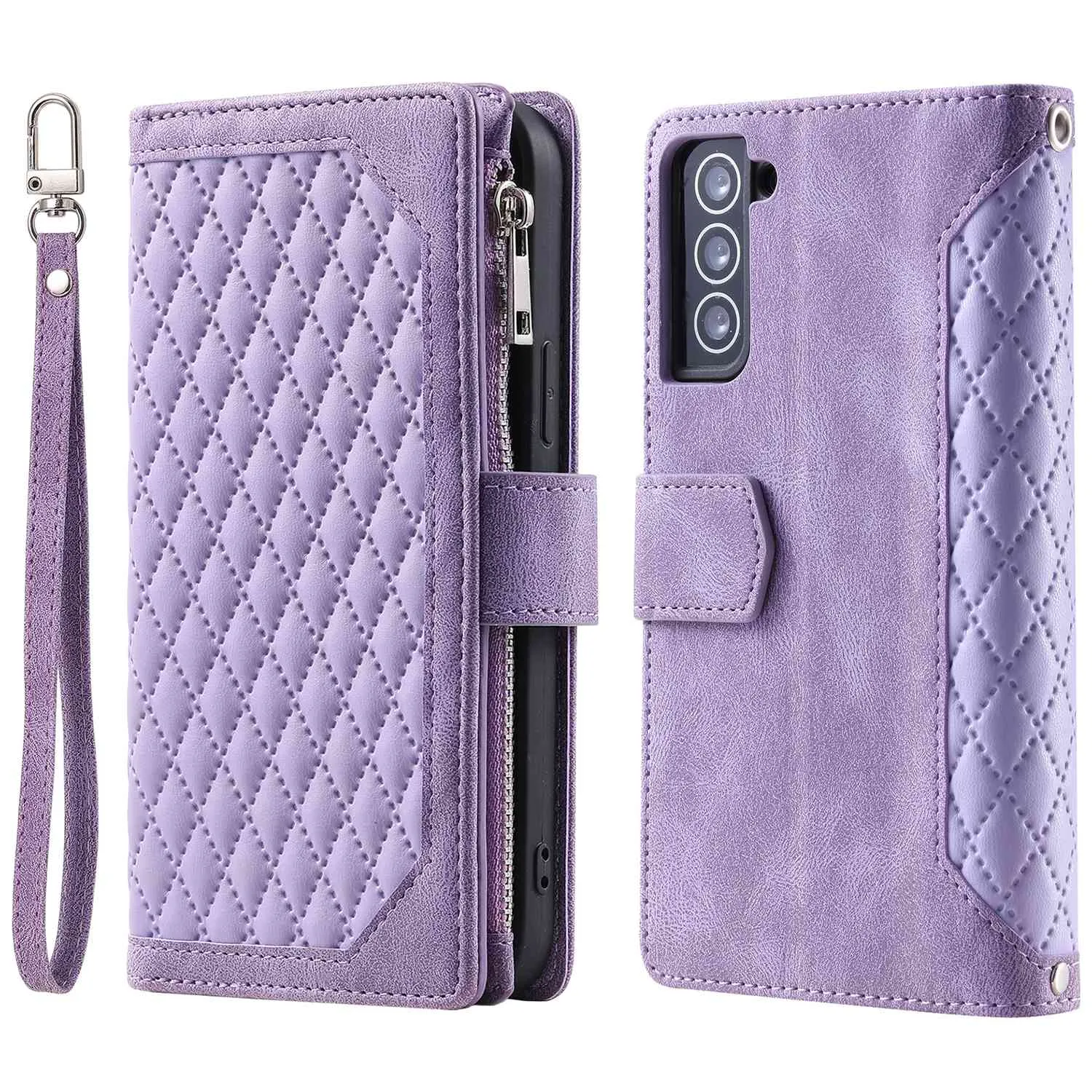 005 Style for Samsung Galaxy S21  5G Zipper Pocket Rhombus Texture PU Leather Case Phone Stand Wallet Cover with Wrist Strap