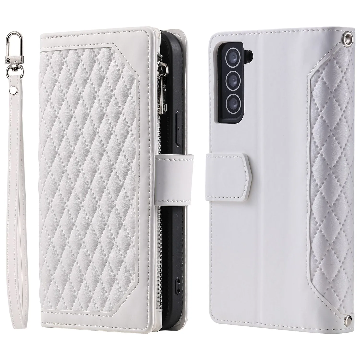 005 Style for Samsung Galaxy S21  5G Zipper Pocket Rhombus Texture PU Leather Case Phone Stand Wallet Cover with Wrist Strap