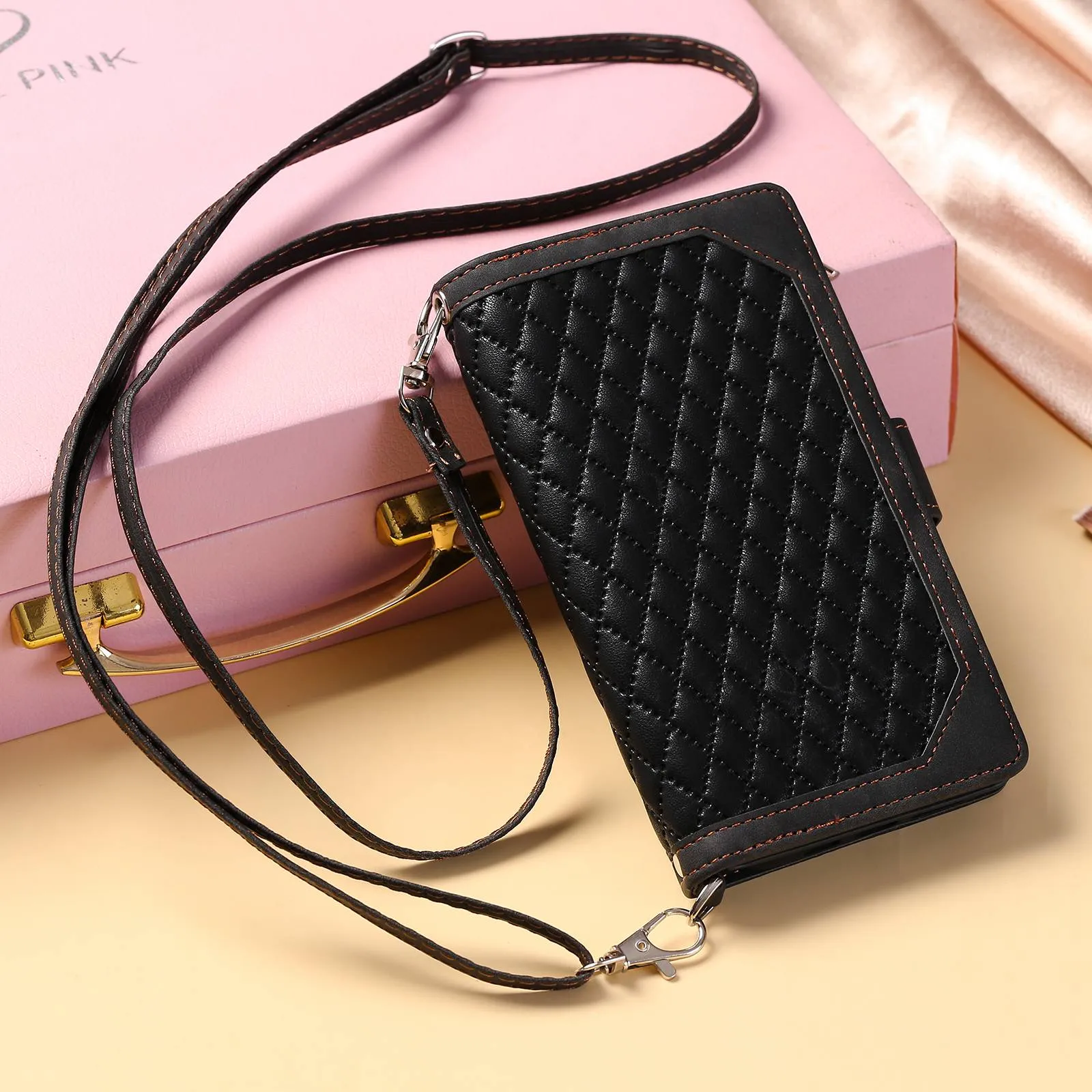 005 Style For Samsung Galaxy S21 Ultra 5G, Full Protection Phone Wallet Cover Zipper Pocket Case Rhombus Texture PU Leather Shell Stand with Strap Card Holder