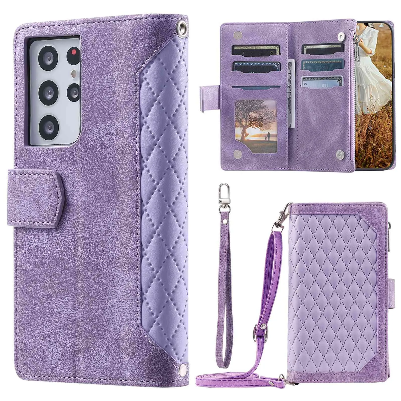 005 Style For Samsung Galaxy S21 Ultra 5G, Full Protection Phone Wallet Cover Zipper Pocket Case Rhombus Texture PU Leather Shell Stand with Strap Card Holder