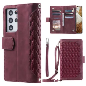 005 Style For Samsung Galaxy S21 Ultra 5G, Full Protection Phone Wallet Cover Zipper Pocket Case Rhombus Texture PU Leather Shell Stand with Strap Card Holder