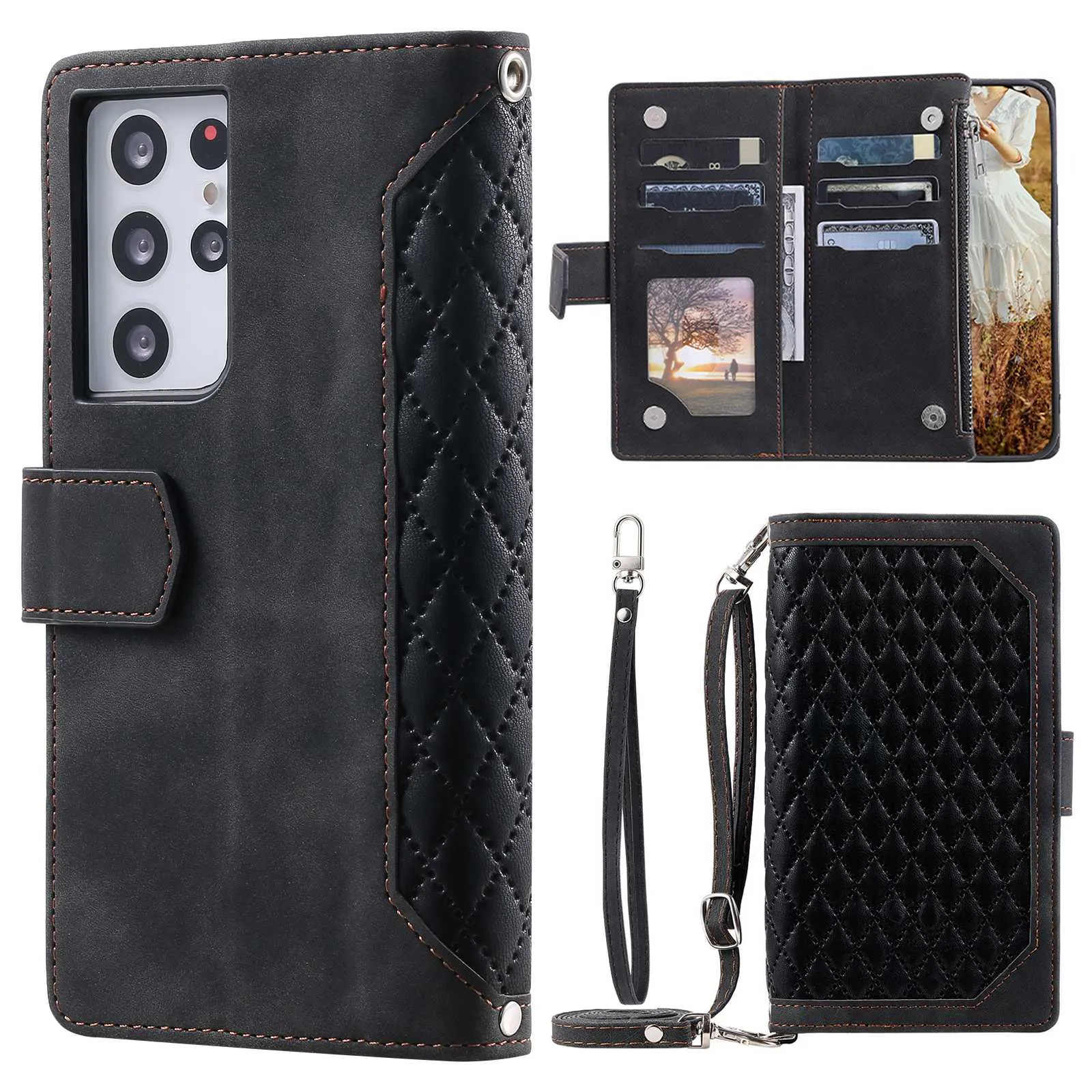 005 Style For Samsung Galaxy S21 Ultra 5G, Full Protection Phone Wallet Cover Zipper Pocket Case Rhombus Texture PU Leather Shell Stand with Strap Card Holder