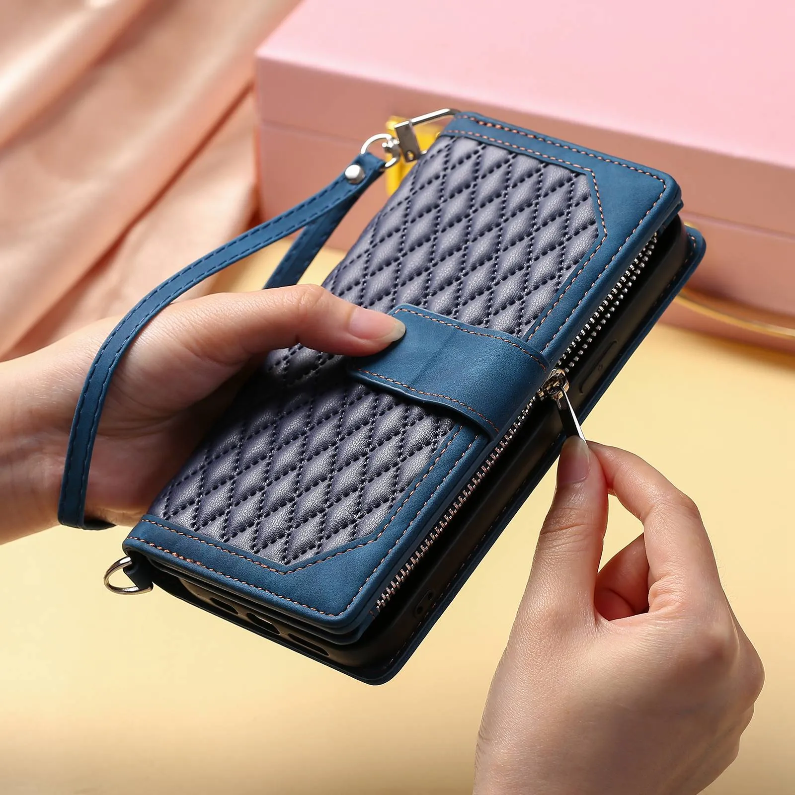 005 Style Phone Cover For iPhone 12 mini 5.4 inch, Wear-resistant Rhombus Texture PU Leather Flip Case Zipper Pocket Wallet Stand Card Holder with Strap