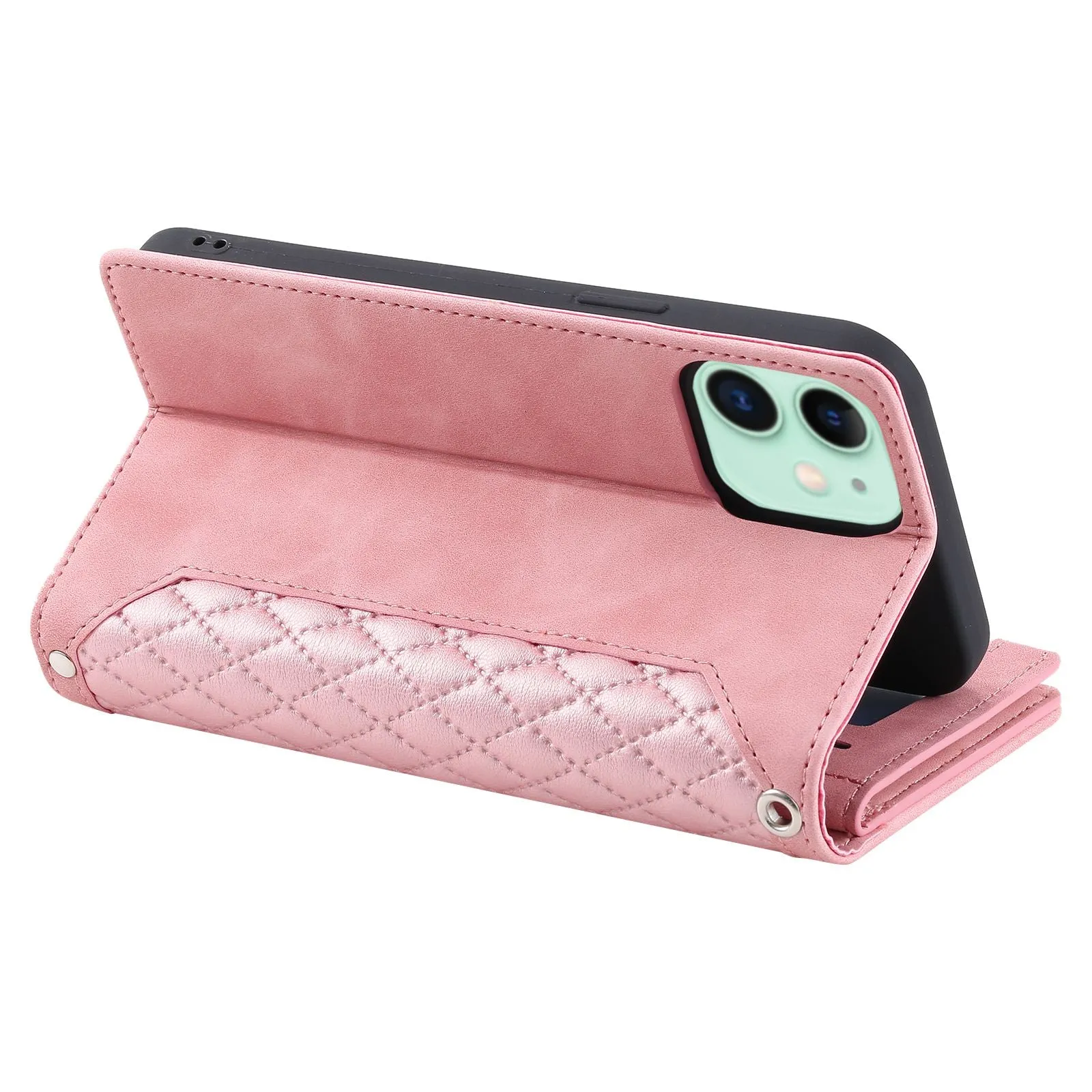 005 Style Phone Cover For iPhone 12 mini 5.4 inch, Wear-resistant Rhombus Texture PU Leather Flip Case Zipper Pocket Wallet Stand Card Holder with Strap