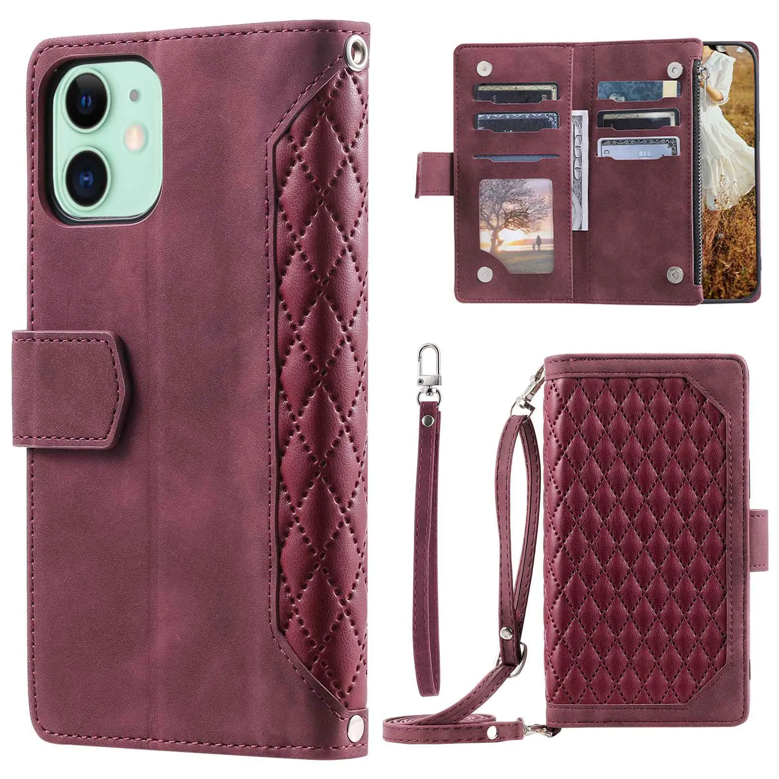 005 Style Phone Cover For iPhone 12 mini 5.4 inch, Wear-resistant Rhombus Texture PU Leather Flip Case Zipper Pocket Wallet Stand Card Holder with Strap