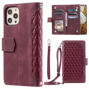 005 Style Phone Wallet Case For iPhone 12 6.1 inch / 12 Pro 6.1 inch, Card Holder Anti-drop PU Leather Rhombus Texture Zipper Pocket Phone Cover Stand with Strap