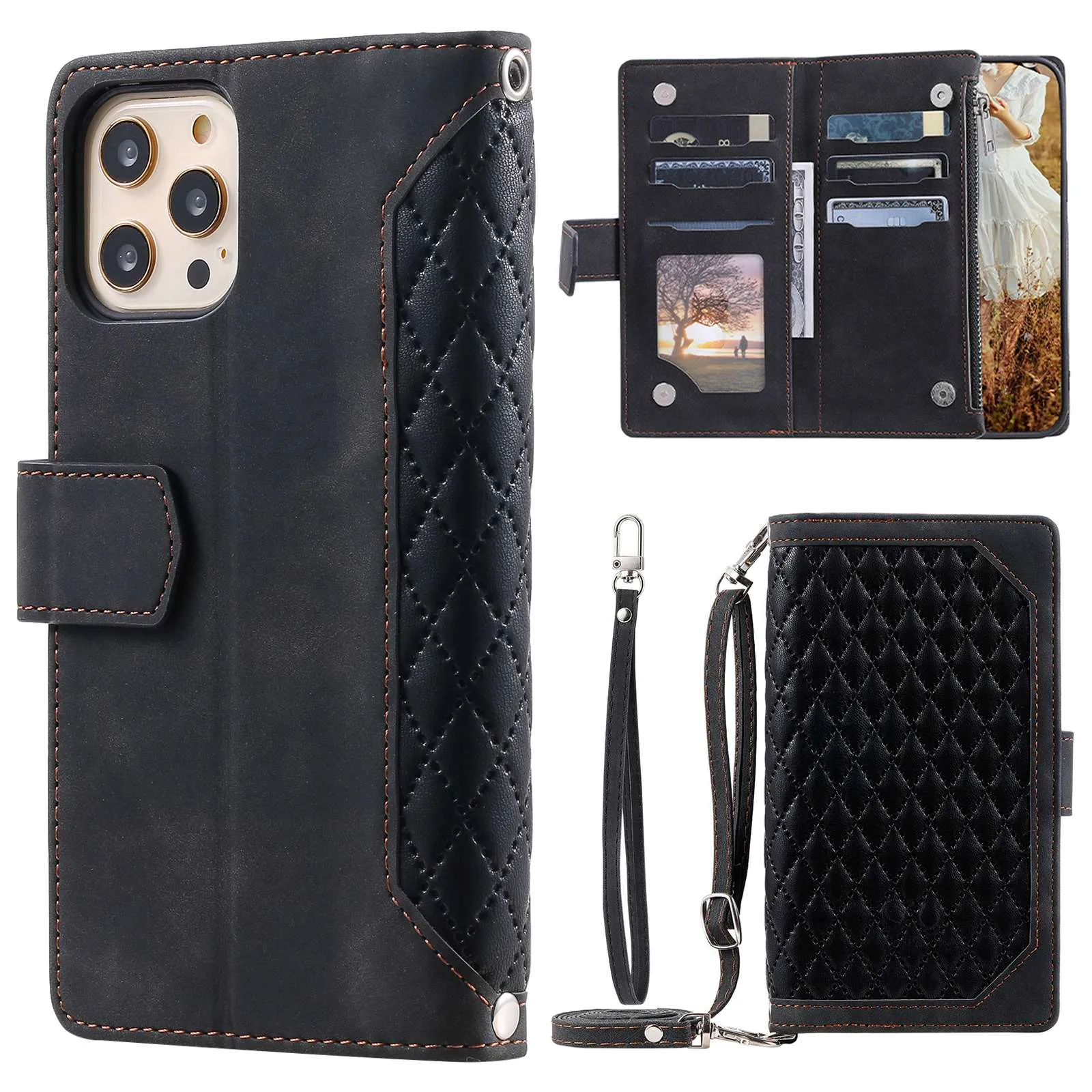 005 Style Phone Wallet Case For iPhone 12 6.1 inch / 12 Pro 6.1 inch, Card Holder Anti-drop PU Leather Rhombus Texture Zipper Pocket Phone Cover Stand with Strap