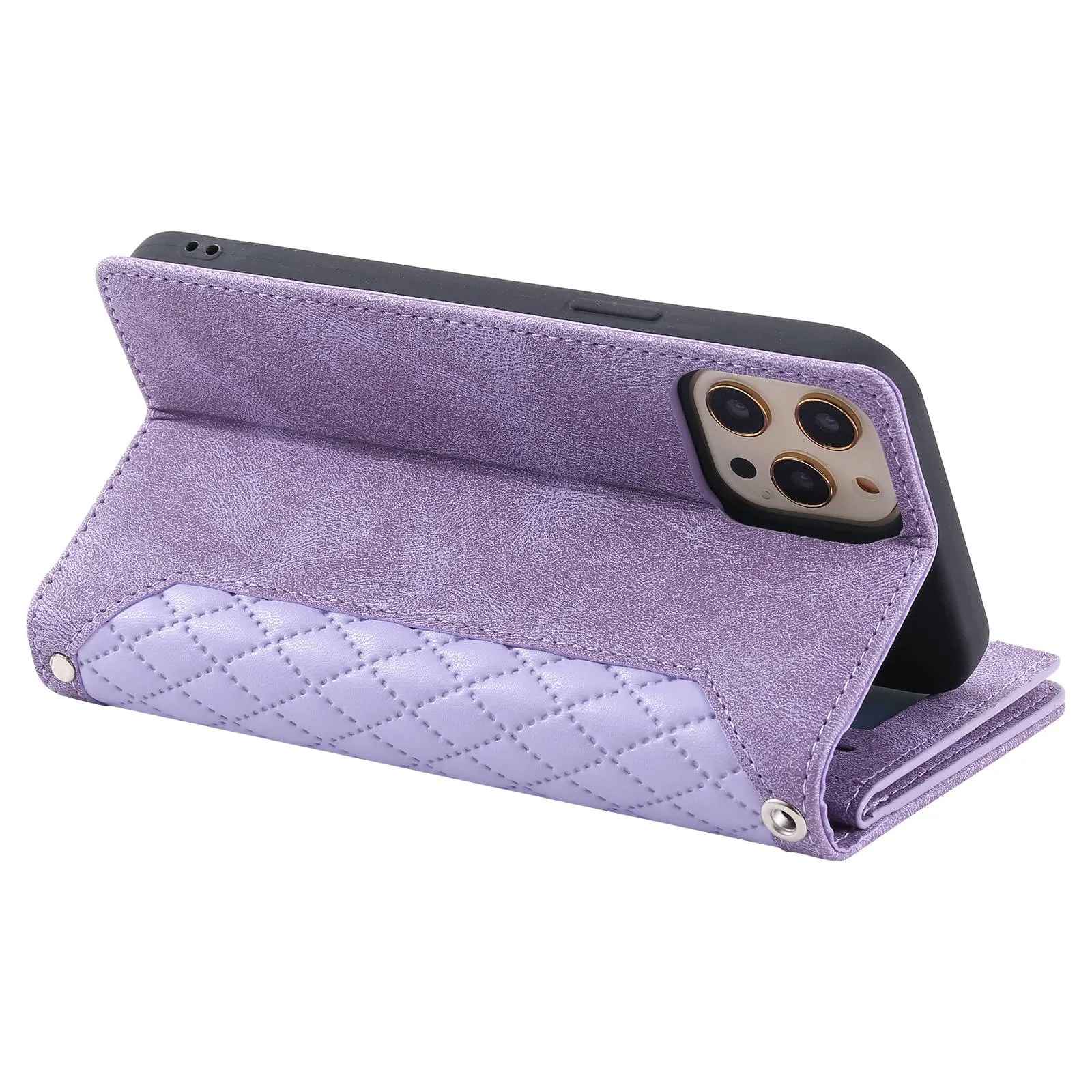 005 Style Phone Wallet Case For iPhone 12 6.1 inch / 12 Pro 6.1 inch, Card Holder Anti-drop PU Leather Rhombus Texture Zipper Pocket Phone Cover Stand with Strap