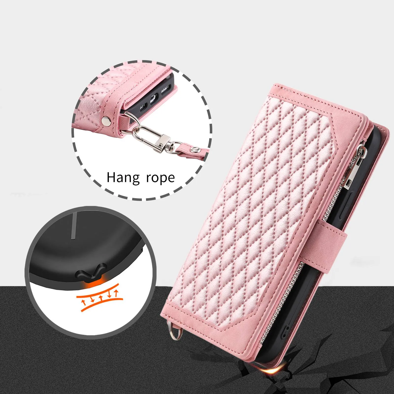 005 Style Phone Wallet Case For iPhone 12 6.1 inch / 12 Pro 6.1 inch, Card Holder Anti-drop PU Leather Rhombus Texture Zipper Pocket Phone Cover Stand with Strap