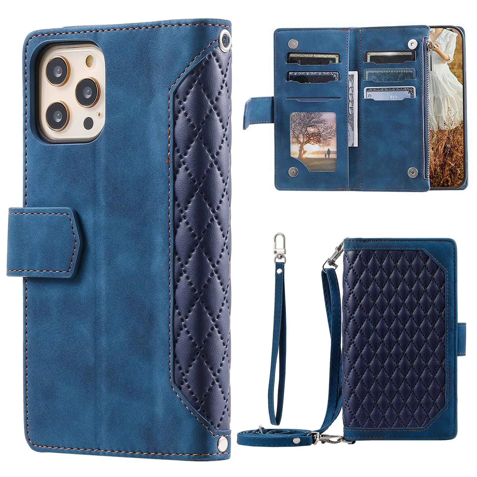 005 Style Phone Wallet Case For iPhone 12 6.1 inch / 12 Pro 6.1 inch, Card Holder Anti-drop PU Leather Rhombus Texture Zipper Pocket Phone Cover Stand with Strap