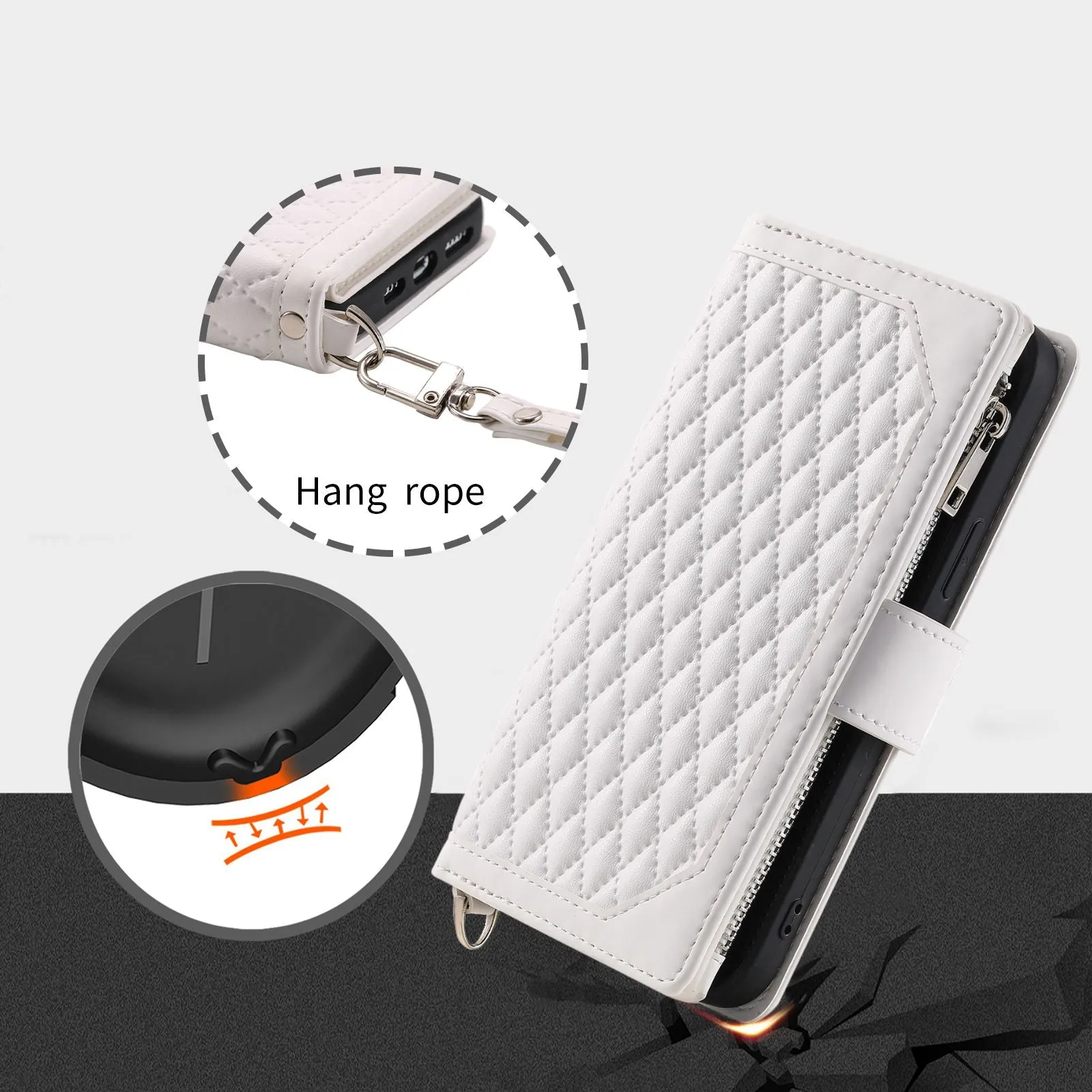 005 Style Phone Wallet Case For iPhone 12 6.1 inch / 12 Pro 6.1 inch, Card Holder Anti-drop PU Leather Rhombus Texture Zipper Pocket Phone Cover Stand with Strap