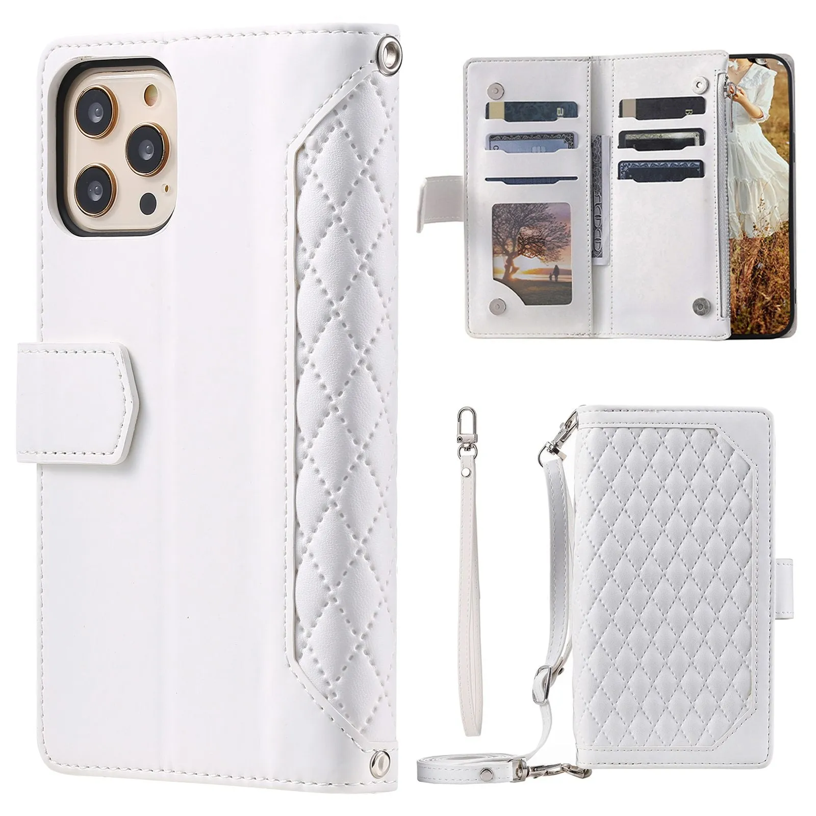 005 Style Phone Wallet Case For iPhone 12 6.1 inch / 12 Pro 6.1 inch, Card Holder Anti-drop PU Leather Rhombus Texture Zipper Pocket Phone Cover Stand with Strap