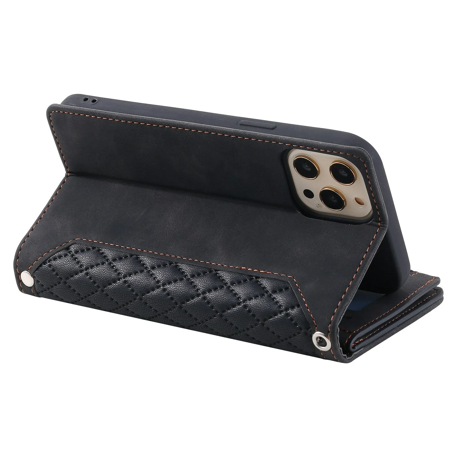 005 Style Phone Wallet Case For iPhone 12 6.1 inch / 12 Pro 6.1 inch, Card Holder Anti-drop PU Leather Rhombus Texture Zipper Pocket Phone Cover Stand with Strap