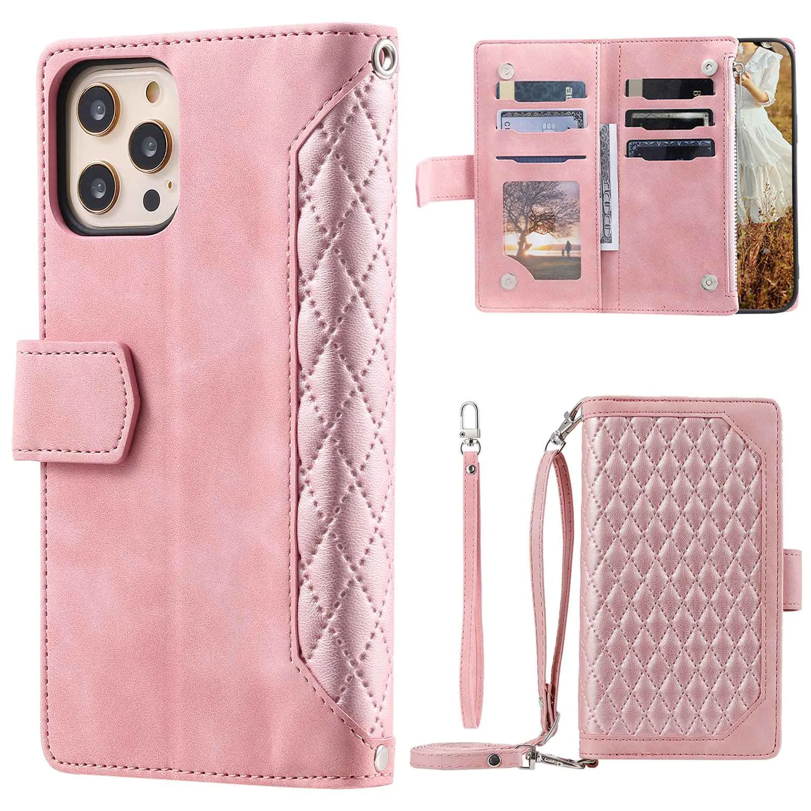 005 Style Phone Wallet Case For iPhone 12 6.1 inch / 12 Pro 6.1 inch, Card Holder Anti-drop PU Leather Rhombus Texture Zipper Pocket Phone Cover Stand with Strap