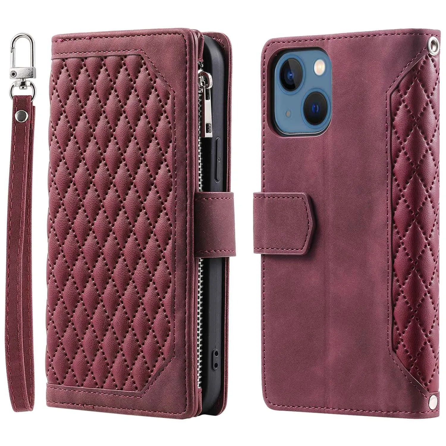 005 Style Rhombus Texture Stand Wallet Case for iPhone 14 6.1 inch, PU Leather Zipper Pocket Phone Shell with Wrist Strap