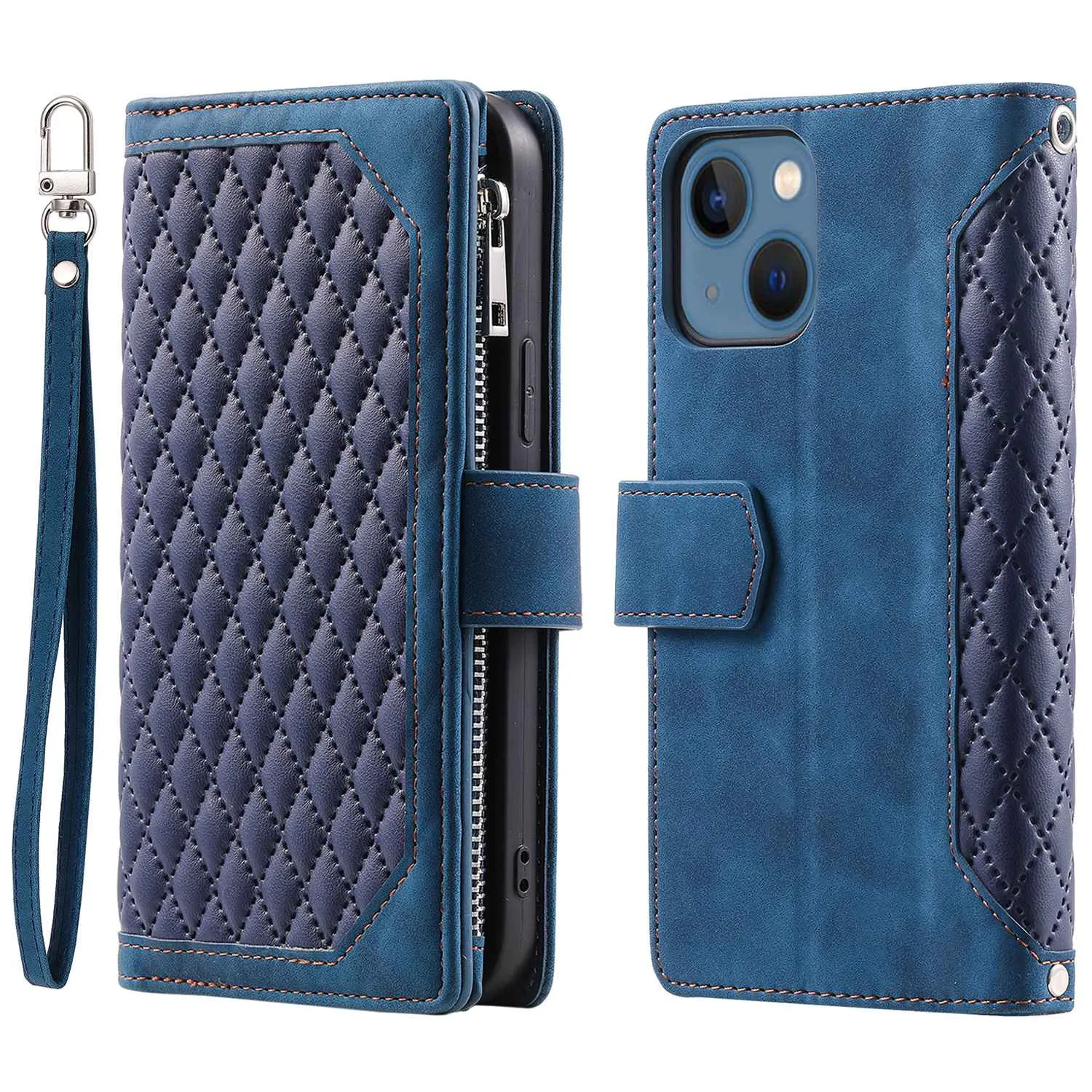 005 Style Rhombus Texture Stand Wallet Case for iPhone 14 6.1 inch, PU Leather Zipper Pocket Phone Shell with Wrist Strap