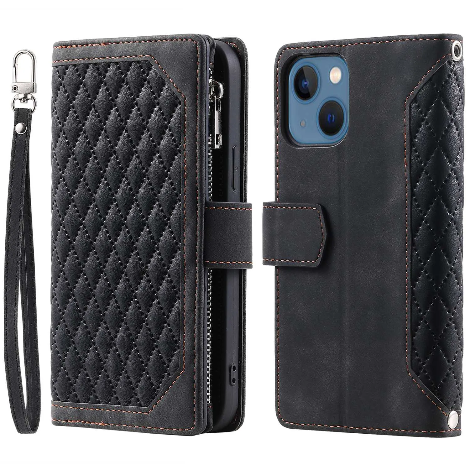 005 Style Rhombus Texture Stand Wallet Case for iPhone 14 6.1 inch, PU Leather Zipper Pocket Phone Shell with Wrist Strap