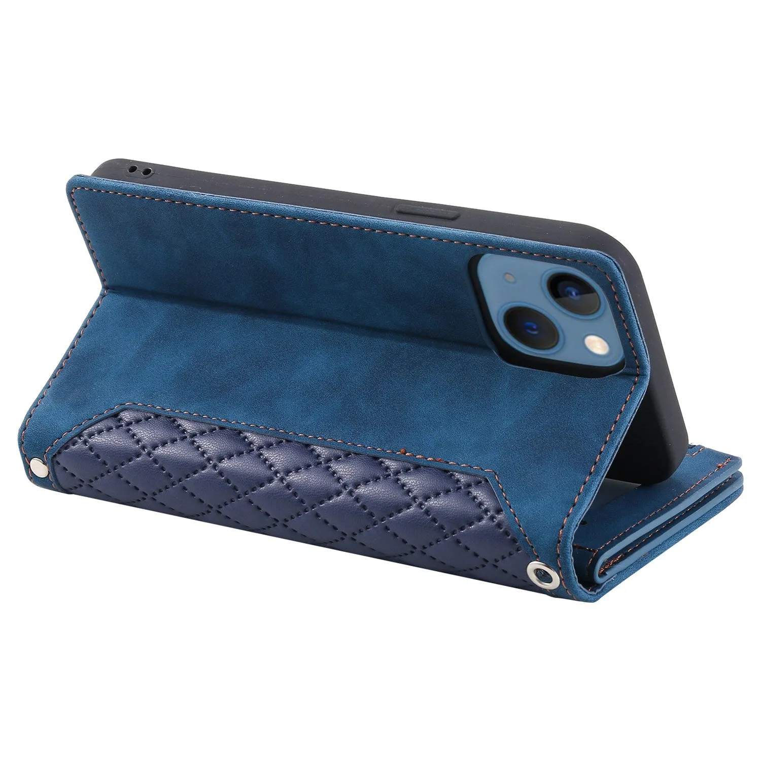 005 Style Rhombus Texture Stand Wallet Case for iPhone 14 6.1 inch, PU Leather Zipper Pocket Phone Shell with Wrist Strap