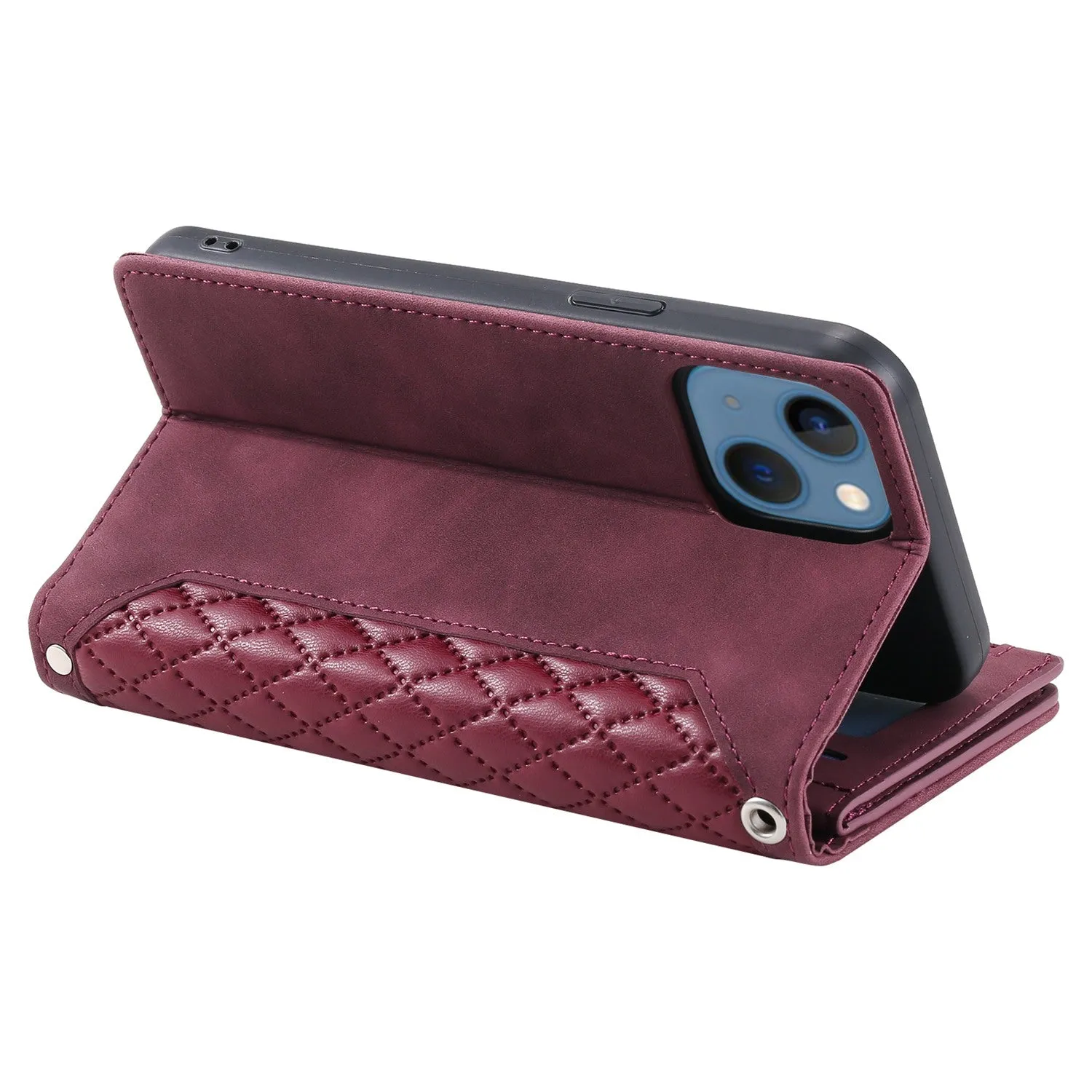 005 Style Rhombus Texture Stand Wallet Case for iPhone 14 6.1 inch, PU Leather Zipper Pocket Phone Shell with Wrist Strap