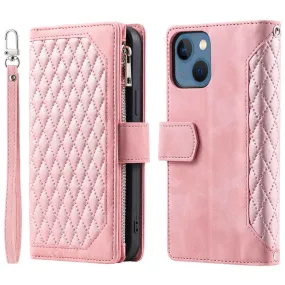 005 Style Rhombus Texture Stand Wallet Case for iPhone 14 6.1 inch, PU Leather Zipper Pocket Phone Shell with Wrist Strap