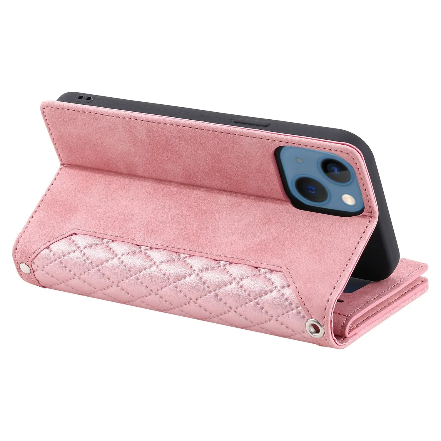 005 Style Rhombus Texture Stand Wallet Case for iPhone 14 6.1 inch, PU Leather Zipper Pocket Phone Shell with Wrist Strap