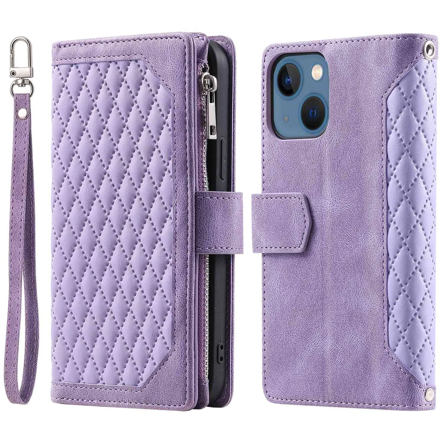 005 Style Rhombus Texture Stand Wallet Case for iPhone 14 6.1 inch, PU Leather Zipper Pocket Phone Shell with Wrist Strap