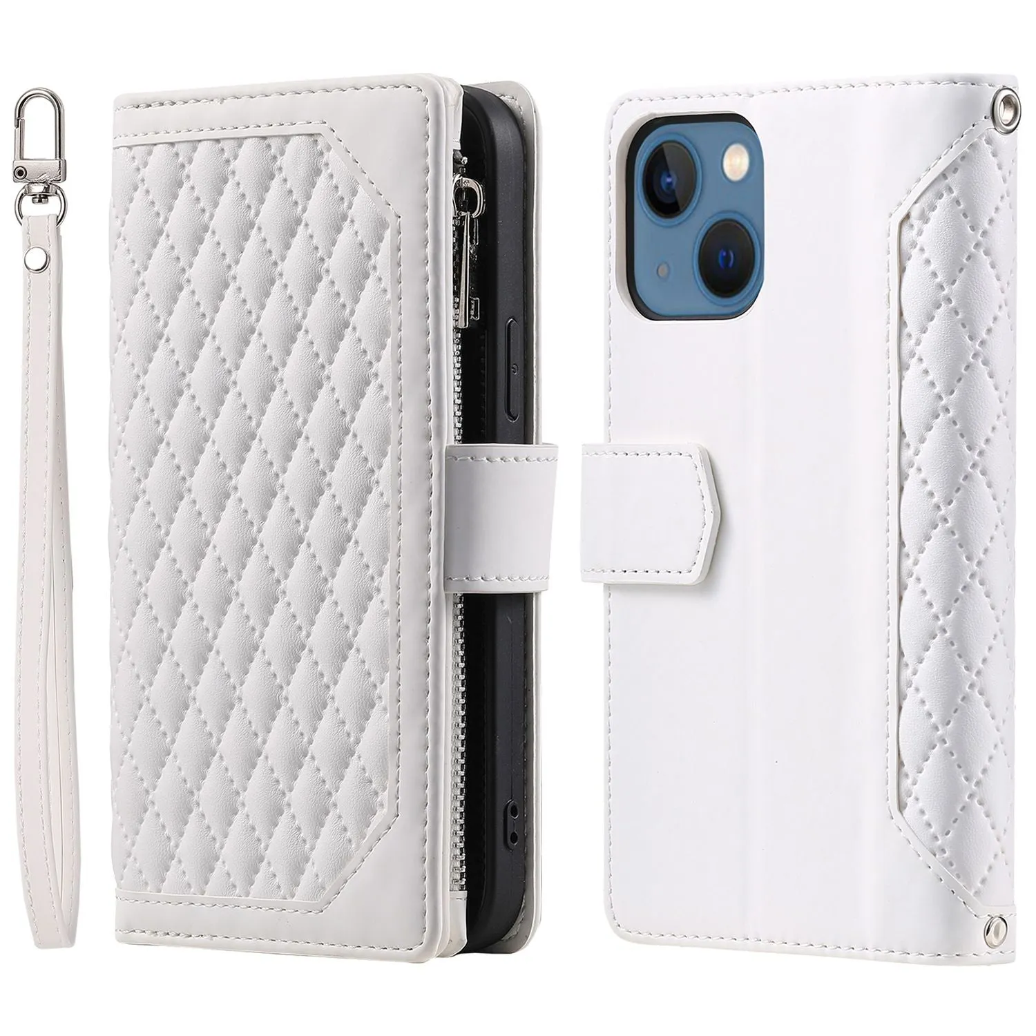 005 Style Rhombus Texture Stand Wallet Case for iPhone 14 6.1 inch, PU Leather Zipper Pocket Phone Shell with Wrist Strap