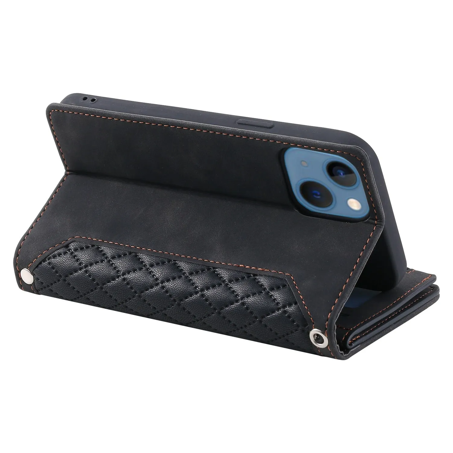 005 Style Rhombus Texture Stand Wallet Case for iPhone 14 6.1 inch, PU Leather Zipper Pocket Phone Shell with Wrist Strap