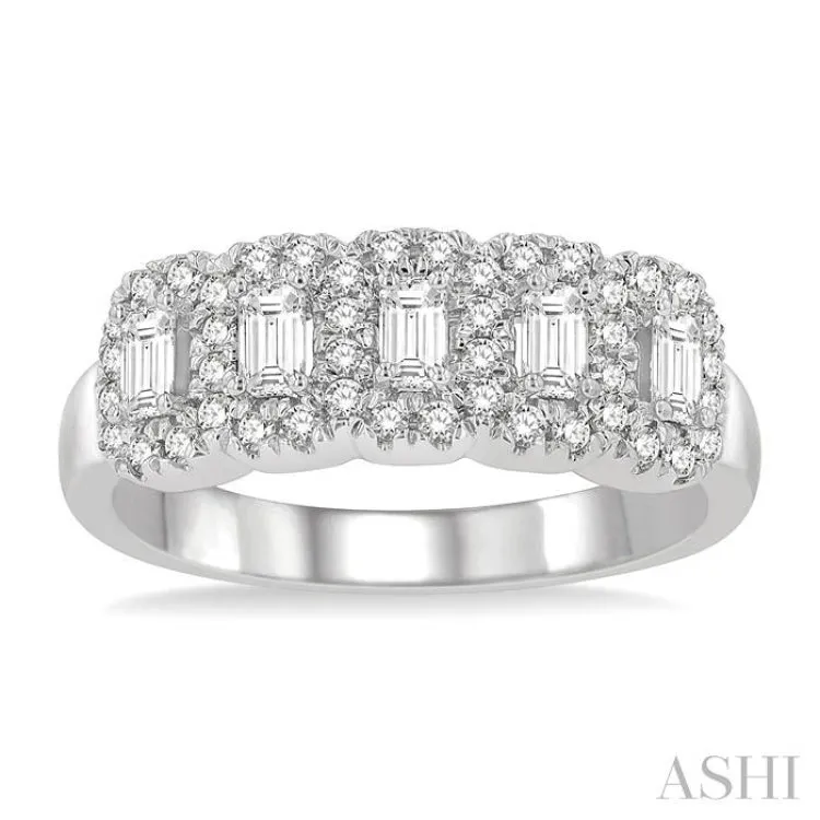 1 ctw Merged Octagonal Shape 5-Stone Emerald & Round Cut Diamond Wedding Band in 14K White Gold