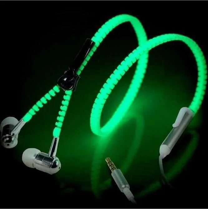 1.2m Earphones Luminous Headphones with Microphone Metal Zipper Glowing in the Dark 3.5mm for Iphone Samsung Xiaomi Headset