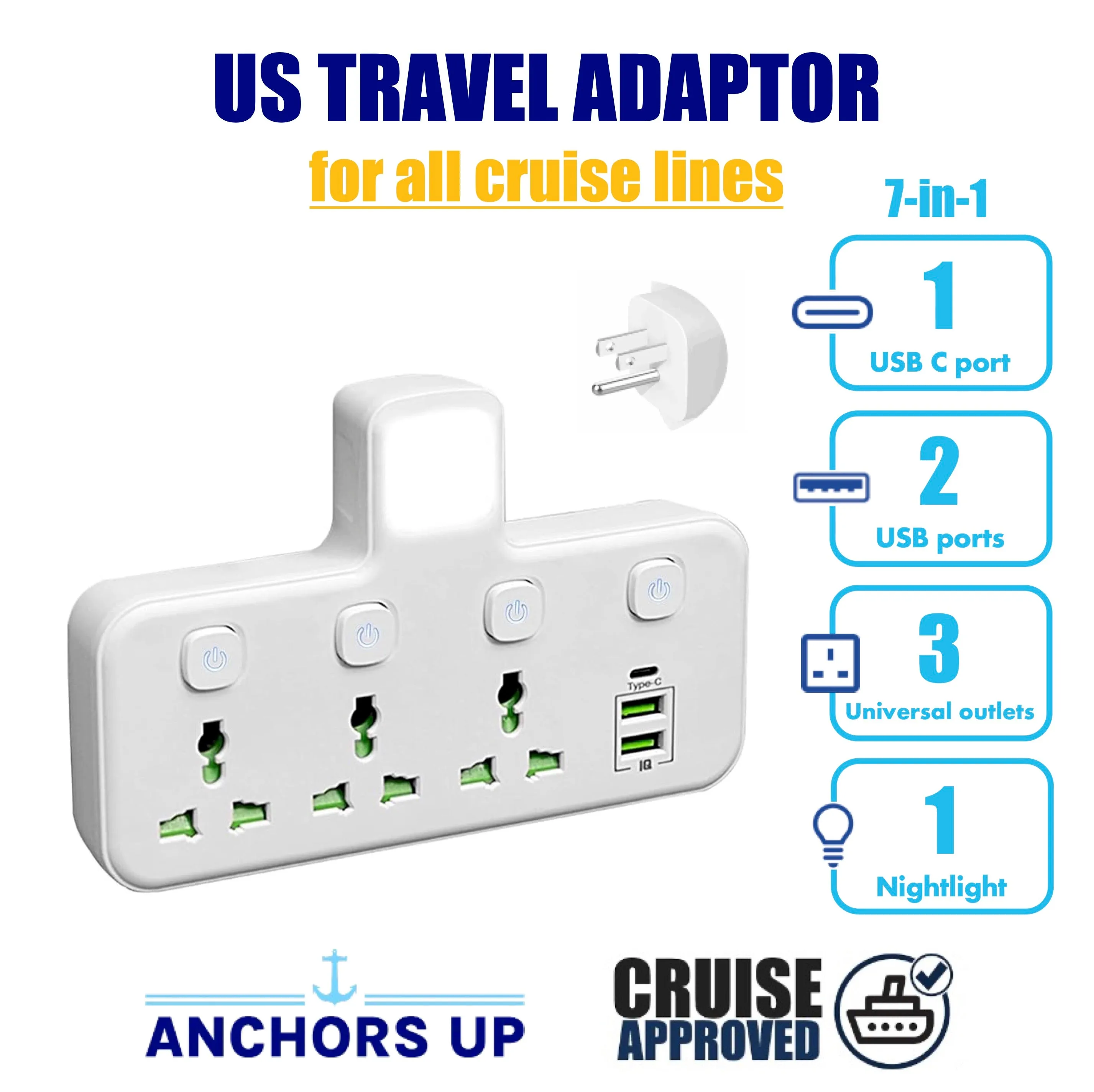 7-in-1 UK to US Travel Adaptor (3 Universal   2 USB   1 USB-C   1 Nightlight) - CRUISE APPROVED