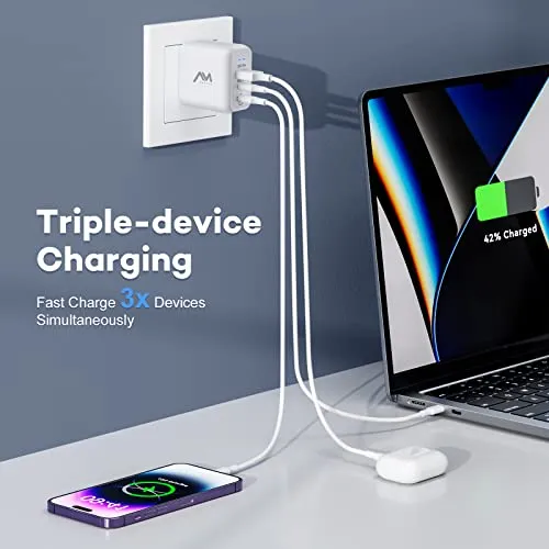 Amlink 65W USB C Charger, 3-Port GaN III USB C Wall Charger, PPS PD 3.0 Type C Charging Block, Compact Foldable Plug Wall Charger Adapter for MacBook, iPad, iPhone, Galaxy, etc