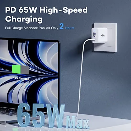 Amlink 65W USB C Charger, 3-Port GaN III USB C Wall Charger, PPS PD 3.0 Type C Charging Block, Compact Foldable Plug Wall Charger Adapter for MacBook, iPad, iPhone, Galaxy, etc