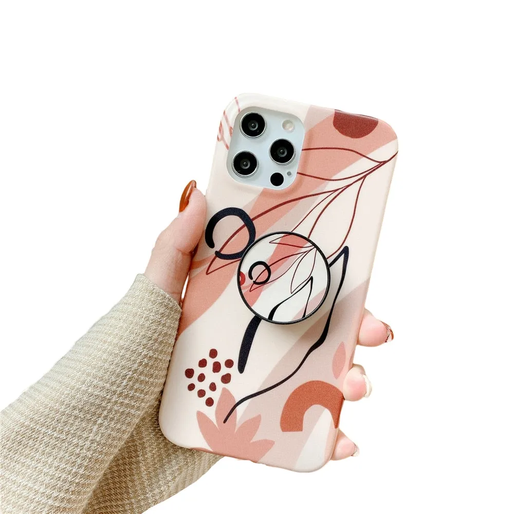 Anymob iPhone Peach Branch Pattern Ring Stand Phone Case Soft Silicone Back Cover