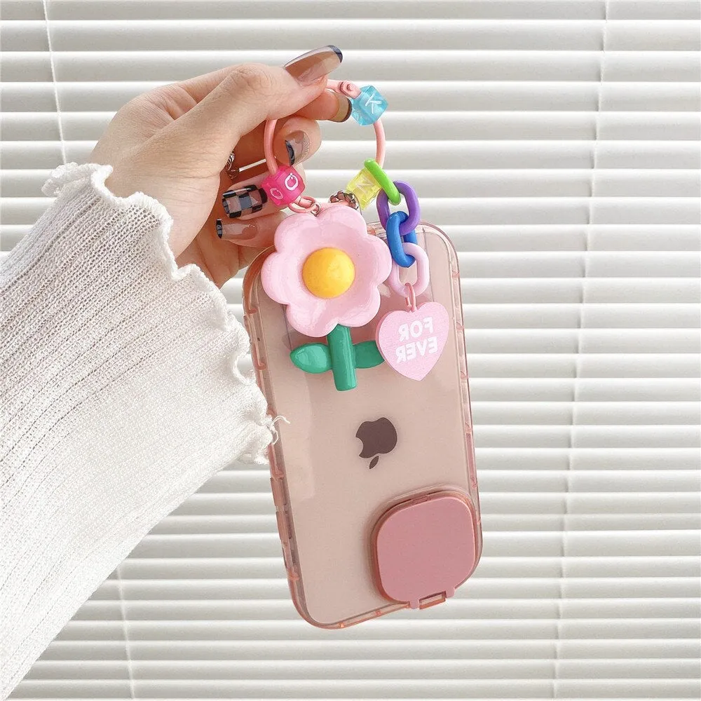 Anymob iPhone Pink Folding Makeup Mirror Phone Case With Flower Bracelet Protection Stand Cover