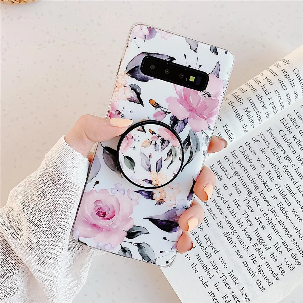 Anymob Samsung Case Purple Art Leaf Flower Silicon With Holder Stand Phone Cover