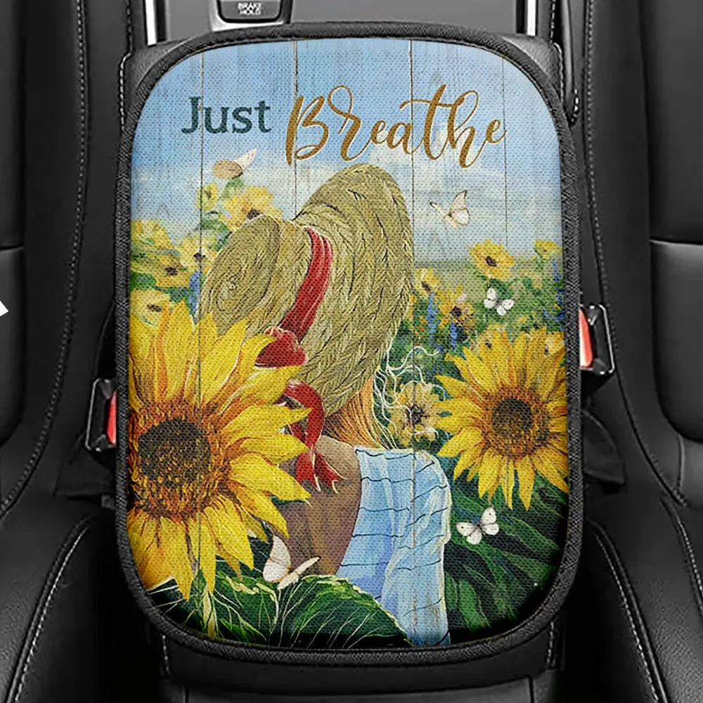 Beautiful Girl Sunflower Just Breathe Seat Box Cover, Christian Car Center Console Cover, Bible Verse Car Interior Accessories