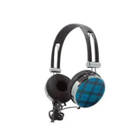 Blue Plaid Stereo Headphones with In-Line Microphone ( Case of 12 )