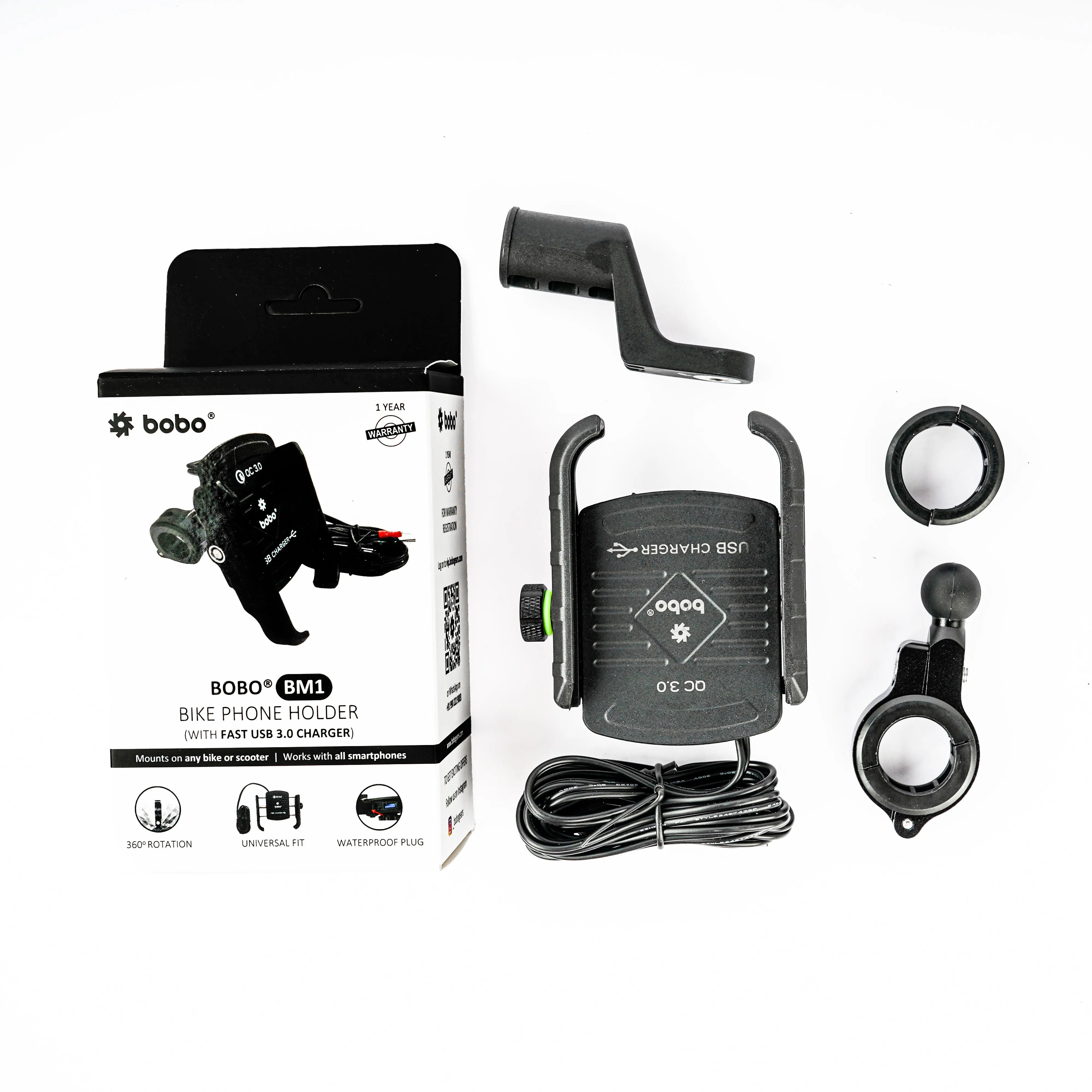 BOBO BM1 Jaw-Grip Bike Phone Holder (with fast USB 3.0 charger) Motorcycle Mobile Mount