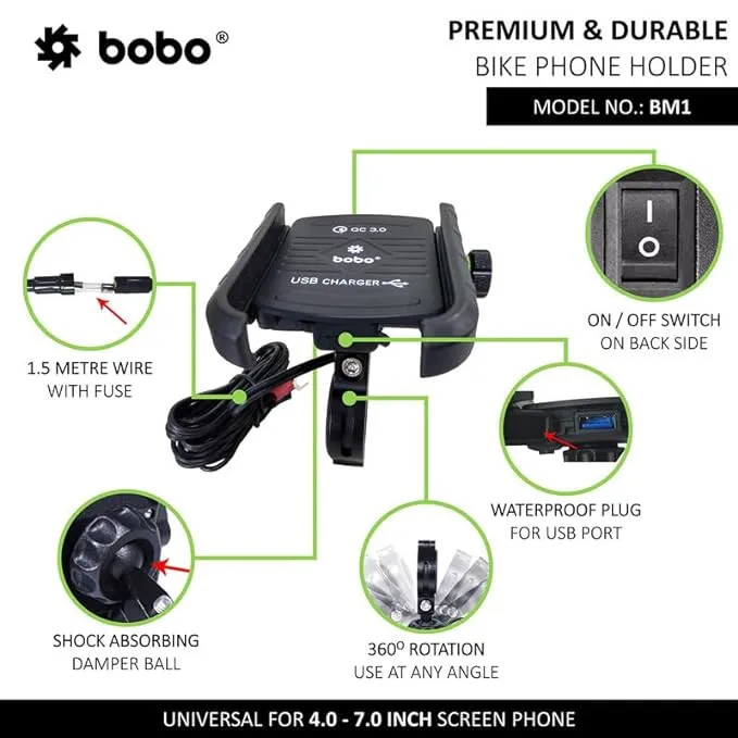 BOBO BM1 Jaw-Grip Bike Phone Holder (with fast USB 3.0 charger) Motorcycle Mobile Mount