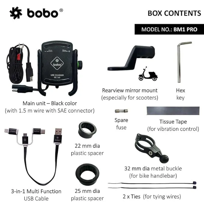 BOBO BM1 PRO Jaw-Grip Bike Phone Holder (with fast USB 3.0 charger, SAE connector & Fast USB Cable) Motorcycle Mobile Mount