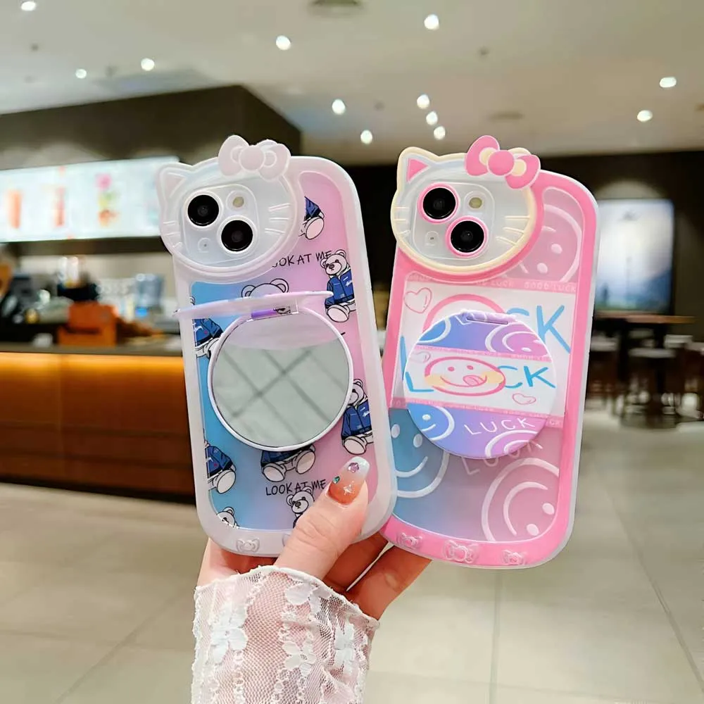 Cartoon Cat Printed TPU Camera Protection Cover with Mirror Stand - iPhone 11 Pro