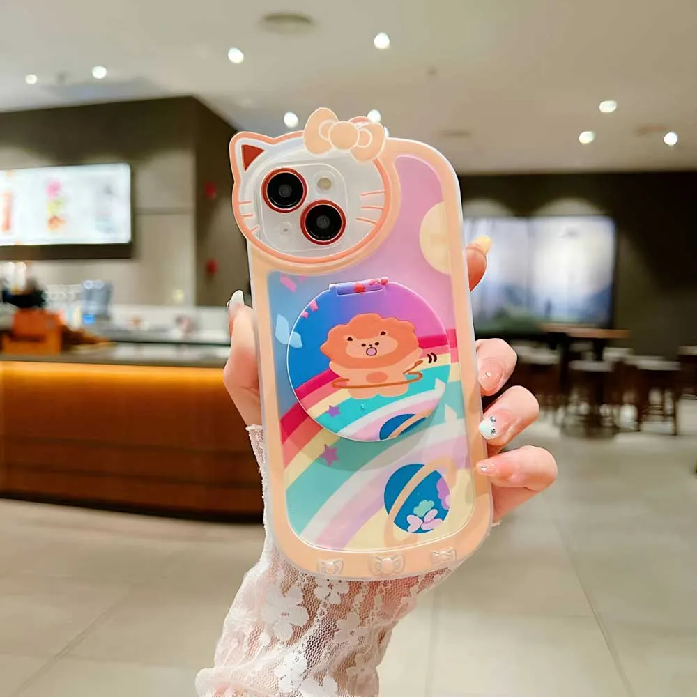 Cartoon Cat Printed TPU Camera Protection Cover with Mirror Stand - iPhone 11 Pro